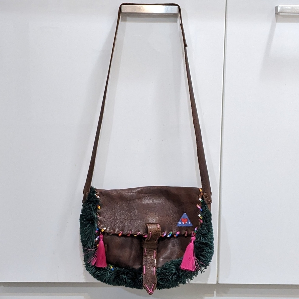 Handcrafted Brown Leather Boho Beaded Fringe Festival Grunge Cool Crossbody Bag